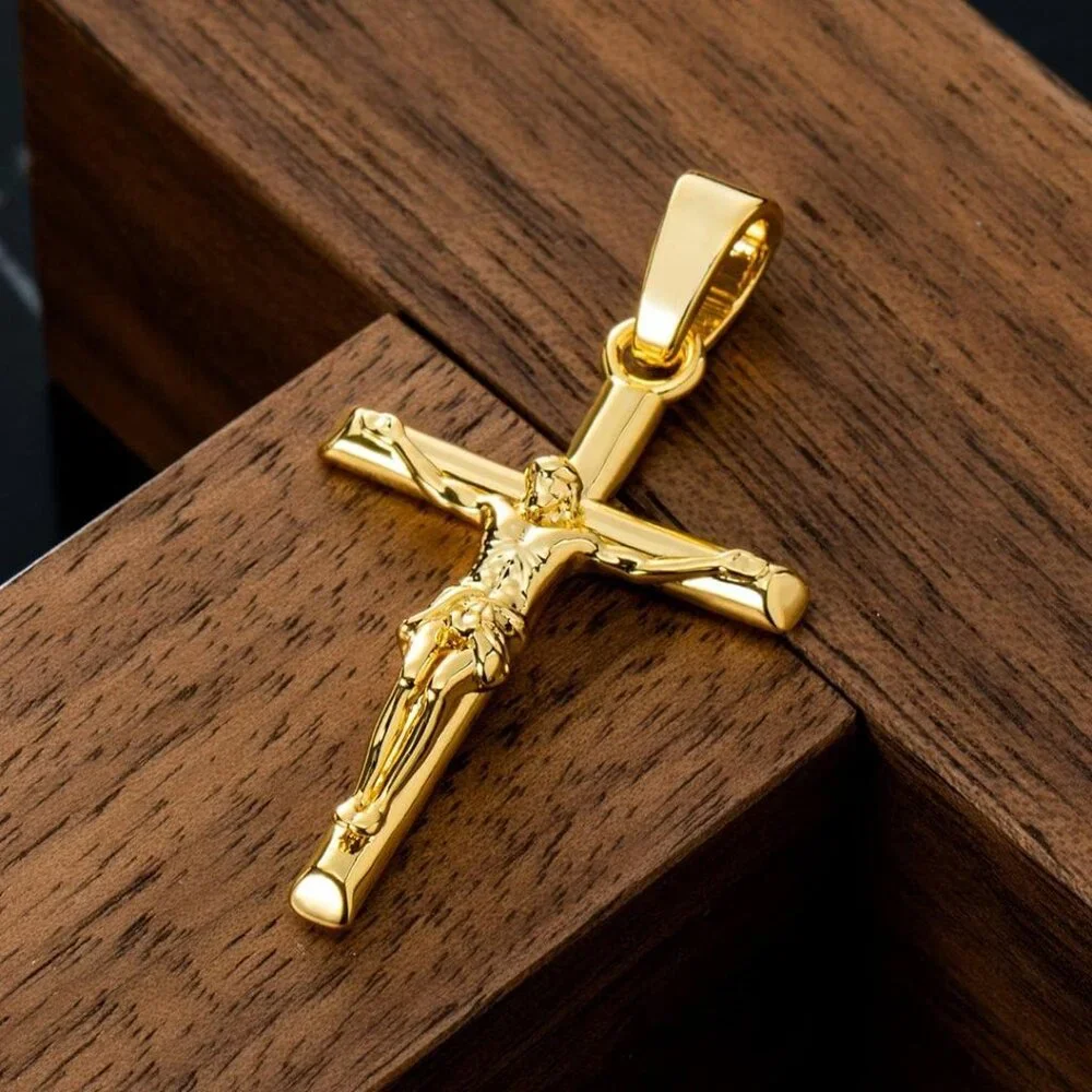 💫 Men Gold Crucifix Cross Necklace 18K Plated Cross Pendant Rope Chain Jewelry